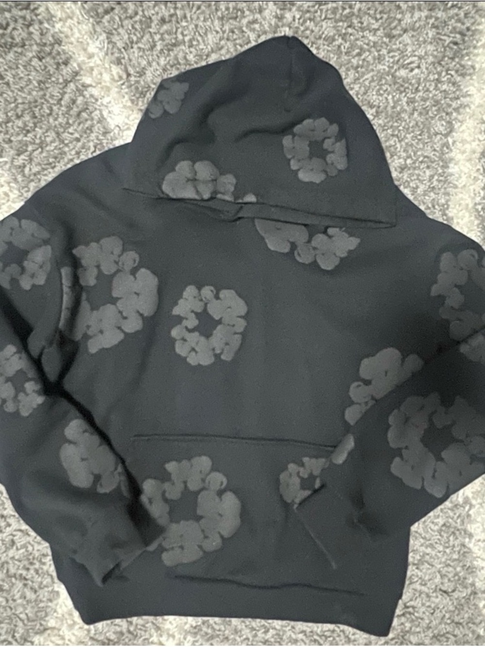 Men's Black Hoodie with Subtle Gray Floral Print